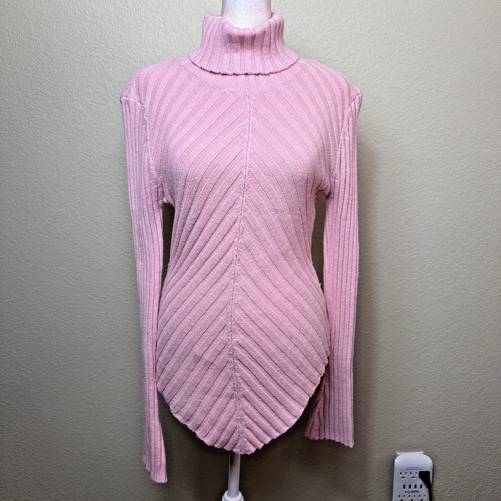 Next Era Turtleneck Knit Sweater M Pastel Rose Pointed Chevron Hem Ribbed Boho